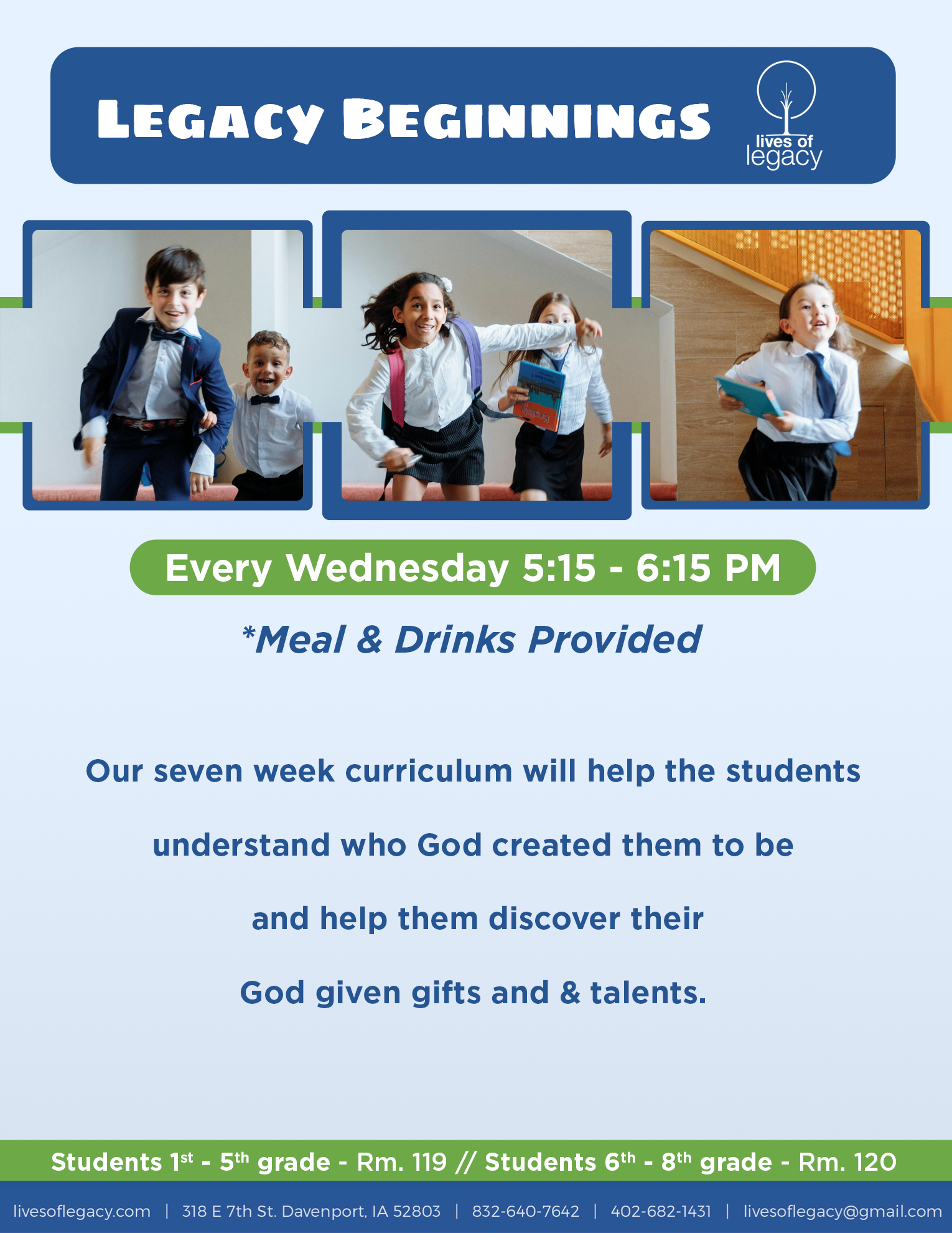Legacy Beginnings flyer — Grades 1–8 mentoring in Davenport, Iowa