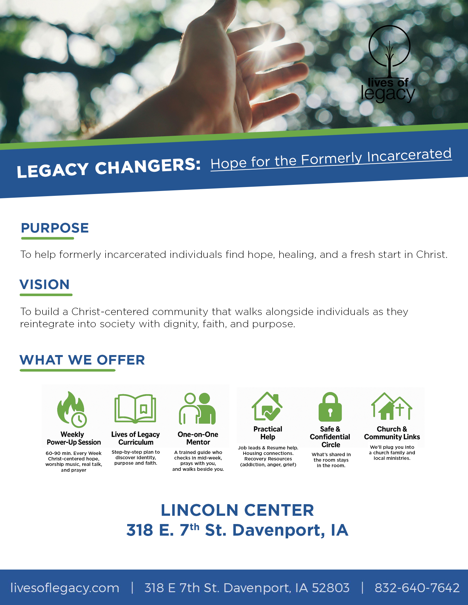 Legacy Changers flyer — Formerly incarcerated adults mentoring in Davenport, Iowa